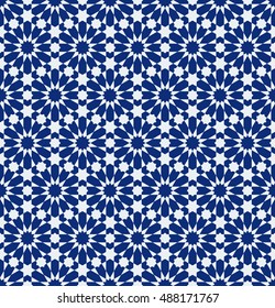 Seamless pattern in Moroccan style. Mosaic tile.
Islamic traditional ornament. Geometric background.
Vector illustration. 