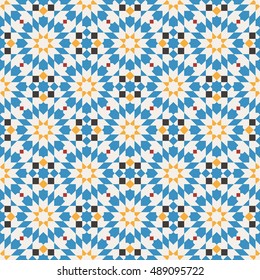 Seamless pattern in Moroccan style. Mosaic tile.
Islamic traditional ornament. Geometric background.
Vector illustration. 