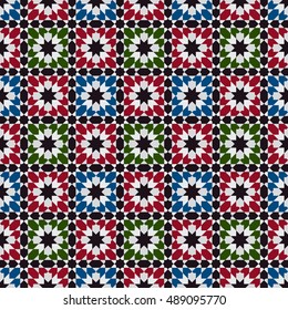 Seamless pattern in Moroccan style. Mosaic tile.
Islamic traditional ornament. Geometric background.
Vector illustration. 