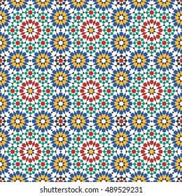 Seamless pattern in Moroccan style. Mosaic tile.
Islamic traditional ornament. Geometric background.
Vector illustration. 