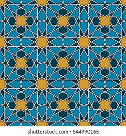 Seamless pattern in Moroccan style. Mosaic tile.
Islamic traditional ornament. Geometric background.
Vector illustration. 