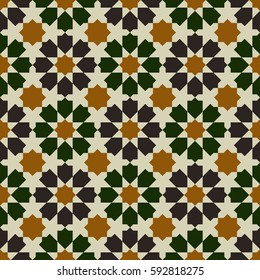 Seamless pattern in Moroccan style. Mosaic tile.
Islamic traditional ornament. Geometric background.
Vector illustration. 