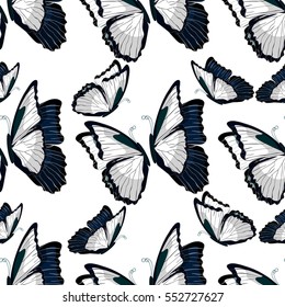 seamless pattern  morpho butterfliese butterfly monarch black and white . vector illustration