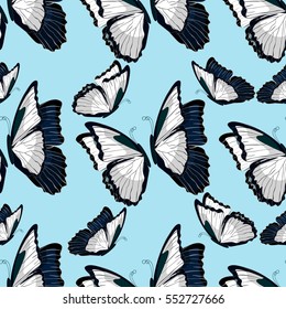 seamless pattern  morpho butterfliese butterfly monarch black white . vector illustration