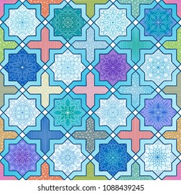 seamless pattern, morrocan colourful tiles with handdrawn mandalas