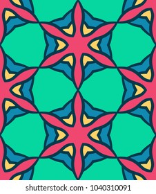 Seamless pattern morrocan ornament. Floral textile print. Islamic vector design. Oriental background with abstract flowers. Hexagonal trefoil swatch. Stained glass vitrage.