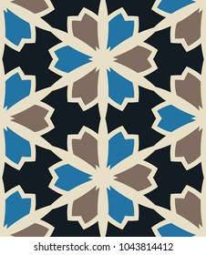 Seamless pattern morrocan ornament. Floral textile print. Islamic vector design. Oriental background with abstract flowers. Hexagonal trefoil swatch. Stained glass vitrage.