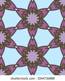 Seamless pattern morrocan ornament. Floral textile print. Islamic vector design. Oriental background with abstract flowers. Hexagonal trefoil swatch. Stained glass vitrage.