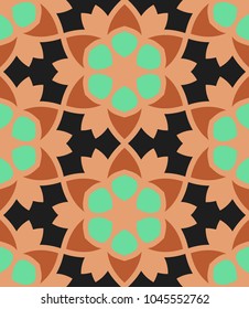 Seamless pattern morrocan ornament. Floral textile print. Islamic vector design. Oriental background with abstract flowers. Hexagonal trefoil swatch. Stained glass vitrage.