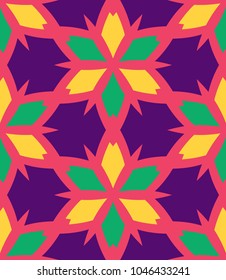 Seamless pattern morrocan ornament. Floral textile print. Islamic vector design. Oriental background with abstract flowers. Hexagonal trefoil swatch. Stained glass vitrage.