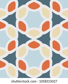 Seamless pattern morrocan ornament. Floral textile print. Islamic vector design. Oriental background with abstract flowers. Hexagonal trefoil swatch. Stained glass vitrage.