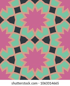 Seamless pattern morrocan ornament. Floral textile print. Islamic vector design. Oriental background with abstract flowers. Hexagonal trefoil swatch. Stained glass vitrage.