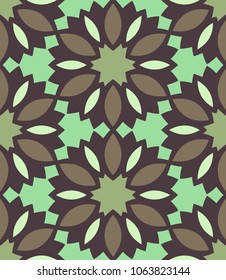 Seamless pattern morrocan ornament. Floral textile print. Islamic vector design. Oriental background with abstract flowers. Hexagonal trefoil swatch. Stained glass vitrage.