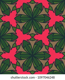 Seamless pattern morrocan ornament. Floral textile print. Islamic vector design. Oriental background with abstract flowers. Hexagonal trefoil swatch. Stained glass vitrage.