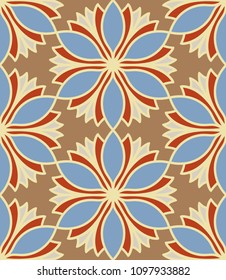 Seamless pattern morrocan ornament. Floral textile print. Islamic vector design. Oriental background with abstract flowers. Hexagonal trefoil swatch. Stained glass vitrage.