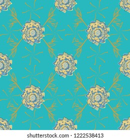 Seamless pattern morrocan ornament. Floral textile print. Blue, yellow and beige stained glass vitrage. Islamic vector oriental background with abstract flowers.