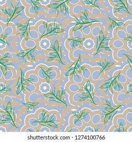 Seamless pattern morrocan ornament. Floral textile print. Yellow, blue and green stained glass vitrage. Islamic vector oriental background with abstract flowers.