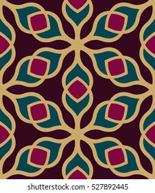 Seamless pattern morrocan ornament. Floral textile print. Islamic vector design. Oriental background with abstract flowers. Hexagonal swatch. Stained glass vitrage.