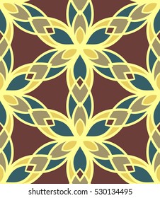 Seamless pattern morrocan ornament. Floral textile print. Islamic vector design. Oriental background with abstract flowers. Hexagonal swatch. Stained glass vitrage