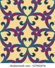 Seamless pattern morrocan ornament. Floral textile print. Islamic vector design. Oriental background with abstract flowers. Hexagonal trefoil swatch. Stained glass vitrage.