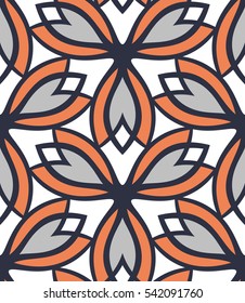 Seamless pattern morrocan ornament. Floral textile print. Islamic vector design. Oriental background with abstract flowers. Hexagonal trefoil swatch. Stained glass vitrage.