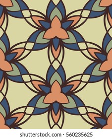 Seamless pattern morrocan ornament. Floral textile print. Islamic vector design. Oriental background with abstract flowers. Hexagonal trefoil swatch. Stained glass vitrage