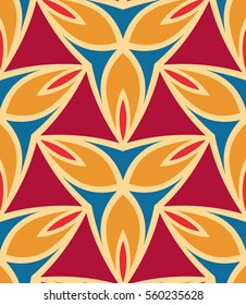 Seamless pattern morrocan ornament. Floral textile print. Islamic vector design. Oriental background with abstract flowers. Hexagonal trefoil swatch. Stained glass vitrage