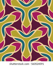 Seamless pattern morrocan ornament. Floral textile print. Islamic vector design. Oriental background with abstract flowers. Hexagonal trefoil swatch. Stained glass vitrage.