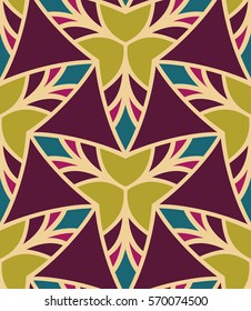 Seamless pattern morrocan ornament. Floral textile print. Islamic vector design. Oriental background with abstract flowers. Hexagonal trefoil swatch. Stained glass vitrage