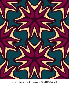 Seamless pattern morrocan ornament. Floral textile print. Islamic vector design. Oriental background with abstract flowers. Hexagonal trefoil swatch. Stained glass vitrage.