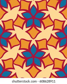 Seamless pattern morrocan ornament. Floral textile print. Islamic vector design. Oriental background with abstract flowers. Hexagonal trefoil swatch. Stained glass vitrage.
