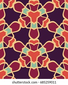 Seamless pattern morrocan ornament. Floral textile print. Islamic vector design. Oriental background with abstract flowers. Hexagonal trefoil swatch. Stained glass vitrage.