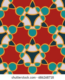 Seamless pattern morrocan ornament. Floral textile print. Islamic vector design. Oriental background with abstract flowers. Hexagonal trefoil swatch. Stained glass vitrage.