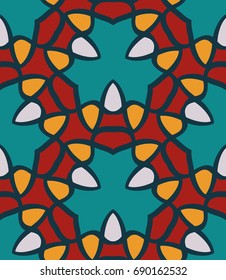 Seamless pattern morrocan ornament. Floral textile print. Islamic vector design. Oriental background with abstract flowers. Hexagonal trefoil swatch. Stained glass vitrage.