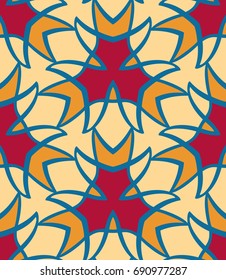 Seamless pattern morrocan ornament. Floral textile print. Islamic vector design. Oriental background with abstract flowers. Hexagonal trefoil swatch. Stained glass vitrage.