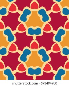 Seamless pattern morrocan ornament. Floral textile print. Islamic vector design. Oriental background with abstract flowers. Hexagonal trefoil swatch. Stained glass vitrage.