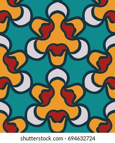 Seamless pattern morrocan ornament. Floral textile print. Islamic vector design. Oriental background with abstract flowers. Hexagonal trefoil swatch. Stained glass vitrage.