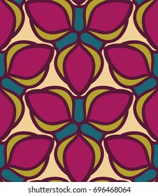 Seamless pattern morrocan ornament. Floral textile print. Islamic vector design. Oriental background with abstract flowers. Hexagonal trefoil swatch. Stained glass vitrage.