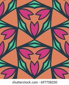 Seamless pattern morrocan ornament. Floral textile print. Islamic vector design. Oriental background with abstract flowers. Hexagonal trefoil swatch. Stained glass vitrage.