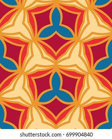 Seamless pattern morrocan ornament. Floral textile print. Islamic vector design. Oriental background with abstract flowers. Hexagonal trefoil swatch. Stained glass vitrage.