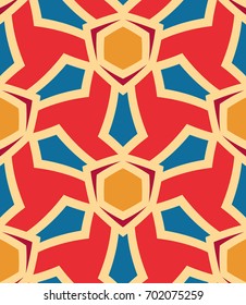 Seamless pattern morrocan ornament. Floral textile print. Islamic vector design. Oriental background with abstract flowers. Hexagonal trefoil swatch. Stained glass vitrage.