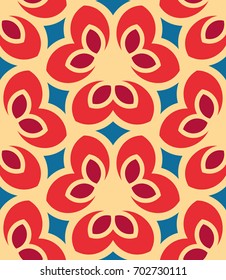 Seamless pattern morrocan ornament. Floral textile print. Islamic vector design. Oriental background with abstract flowers. Hexagonal trefoil swatch. Stained glass vitrage.