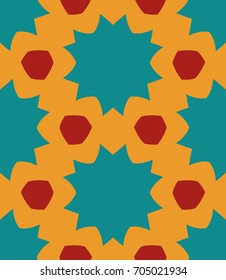 Seamless pattern morrocan ornament. Floral textile print. Islamic vector design. Oriental background with abstract flowers. Hexagonal trefoil swatch. Stained glass vitrage.