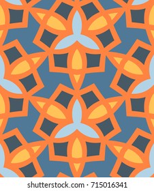 Seamless pattern morrocan ornament. Floral textile print. Islamic vector design. Oriental background with abstract flowers. Hexagonal trefoil swatch. Stained glass vitrage.