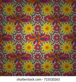 Seamless pattern morrocan ornament. Floral textile print. Islamic vector oriental background with abstract flowers. Red, yellow and neutral stained glass vitrage.