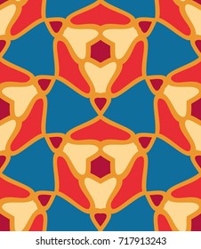 Seamless pattern morrocan ornament. Floral textile print. Islamic vector design. Oriental background with abstract flowers. Hexagonal trefoil swatch. Stained glass vitrage.