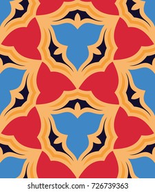Seamless pattern morrocan ornament. Floral textile print. Islamic vector design. Oriental background with abstract flowers. Hexagonal trefoil swatch. Stained glass vitrage.