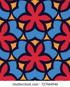 Seamless pattern morrocan ornament. Floral textile print. Islamic vector design. Oriental background with abstract flowers. Hexagonal trefoil swatch. Stained glass vitrage.