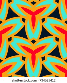 Seamless pattern morrocan ornament. Floral textile print. Islamic vector design. Oriental background with abstract flowers. Hexagonal trefoil swatch. Stained glass vitrage.
