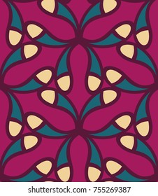 Seamless pattern morrocan ornament. Floral textile print. Islamic vector design. Oriental background with abstract flowers. Hexagonal trefoil swatch. Stained glass vitrage